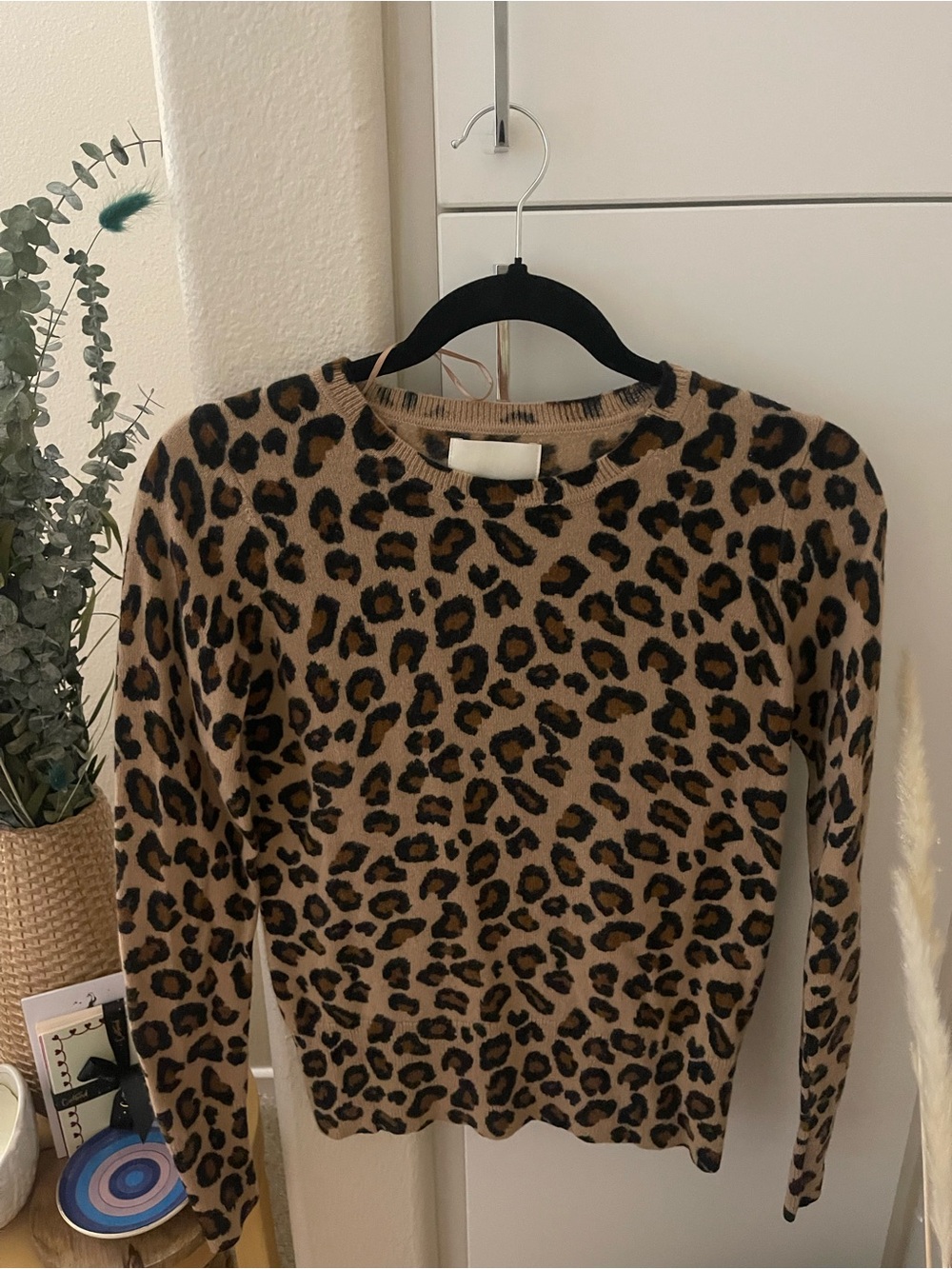 Cynthia Rowley Leopard Print Crewneck Sweater - Tan & Black